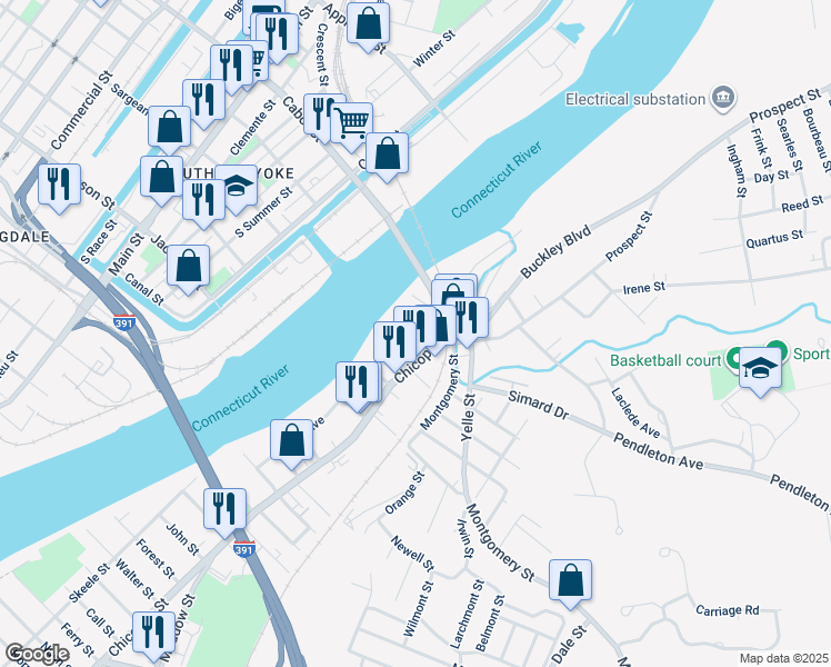 map of restaurants, bars, coffee shops, grocery stores, and more near 19 Erline Street in Chicopee