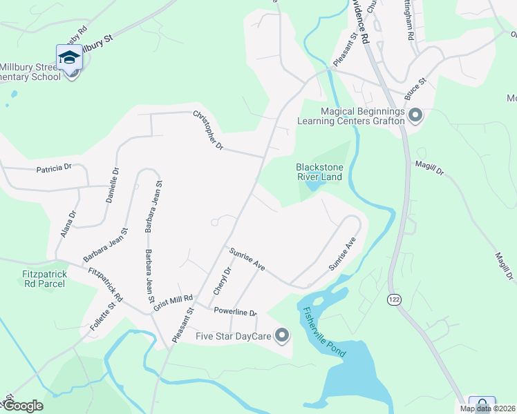 map of restaurants, bars, coffee shops, grocery stores, and more near 77 Pleasant Street in Grafton