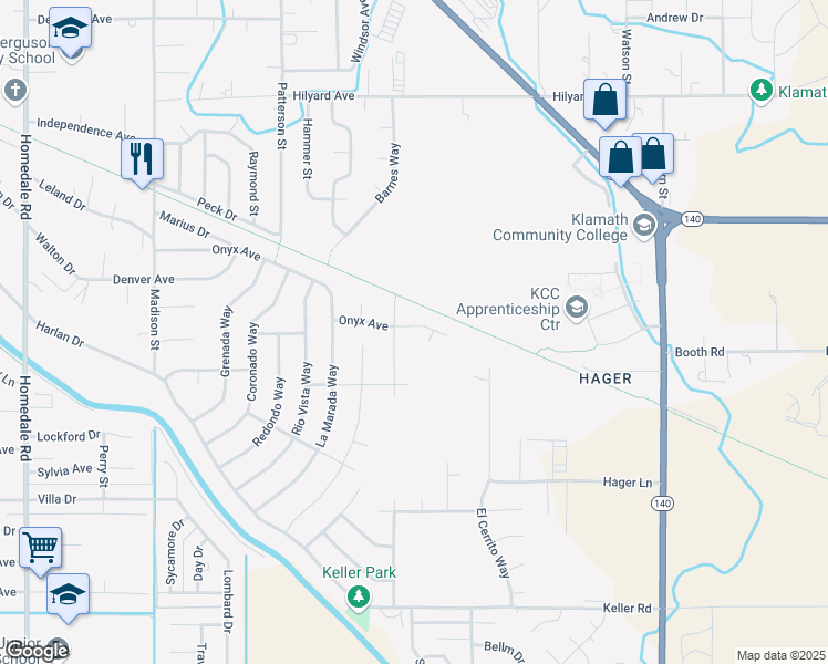 map of restaurants, bars, coffee shops, grocery stores, and more near 6610 Onyx Avenue in Klamath Falls