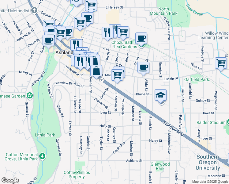 map of restaurants, bars, coffee shops, grocery stores, and more near 574 Allison Street in Ashland