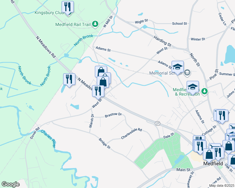 map of restaurants, bars, coffee shops, grocery stores, and more near 50 Peter Kristof Way in Medfield
