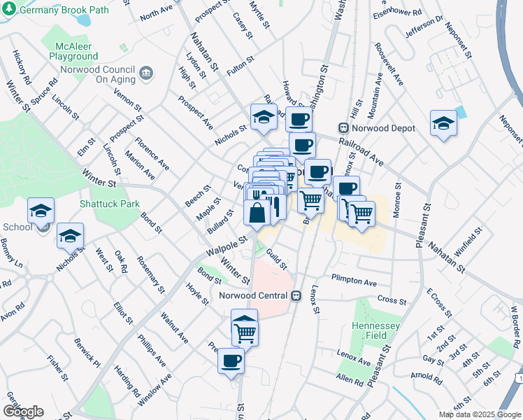 map of restaurants, bars, coffee shops, grocery stores, and more near 714 Washington Street in Norwood