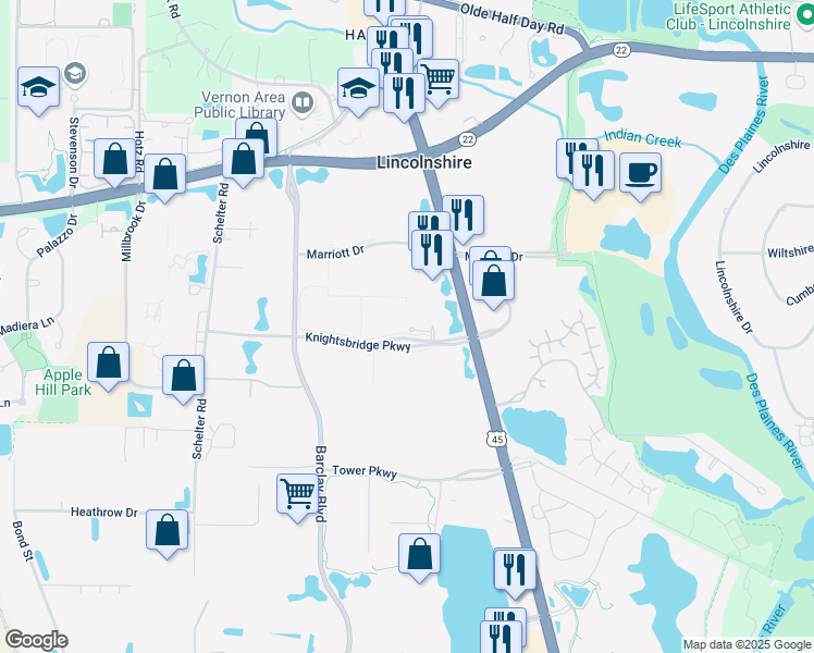 map of restaurants, bars, coffee shops, grocery stores, and more near 333 Knightsbridge Parkway in Lincolnshire