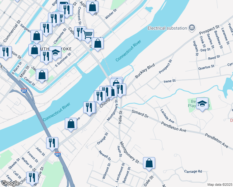 map of restaurants, bars, coffee shops, grocery stores, and more near 64 North Chicopee Street in Chicopee