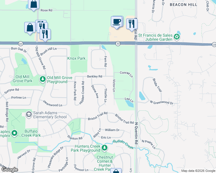 map of restaurants, bars, coffee shops, grocery stores, and more near 335 Thistle Lane in Lake Zurich