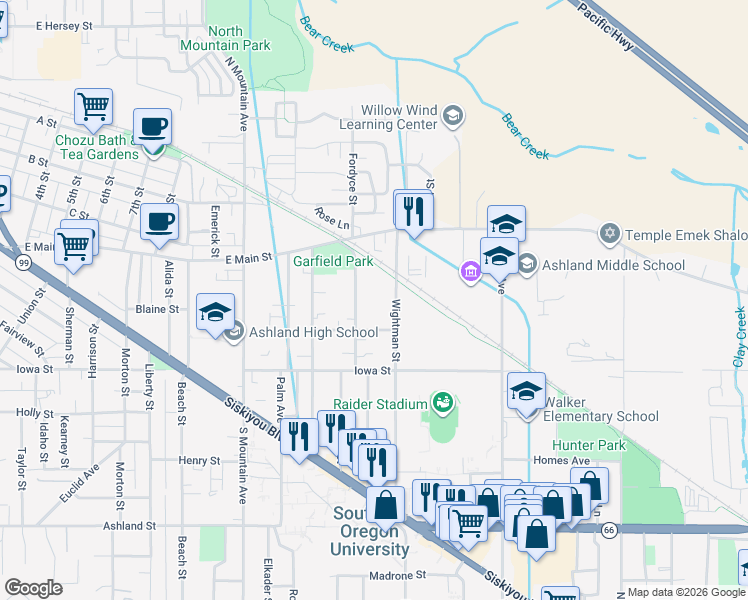 map of restaurants, bars, coffee shops, grocery stores, and more near 1361 Quincy Street in Ashland