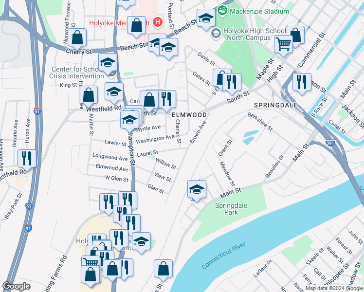map of restaurants, bars, coffee shops, grocery stores, and more near in Holyoke