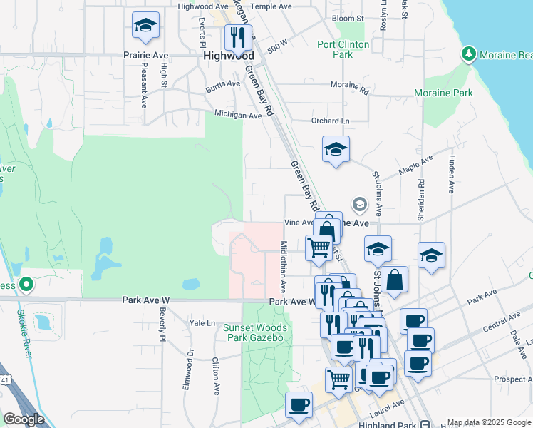map of restaurants, bars, coffee shops, grocery stores, and more near 649 Vine Avenue in Highland Park
