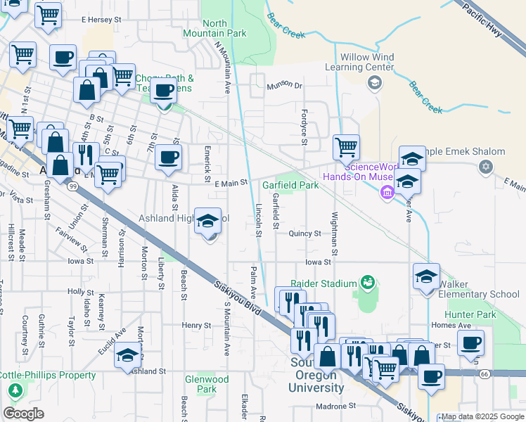 map of restaurants, bars, coffee shops, grocery stores, and more near 100 Lincoln Street in Ashland