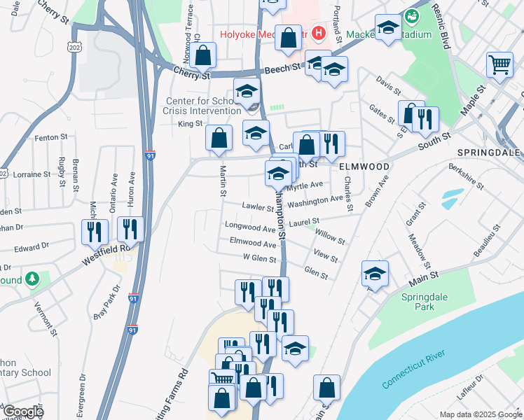 map of restaurants, bars, coffee shops, grocery stores, and more near 28 Lawler Street in Holyoke