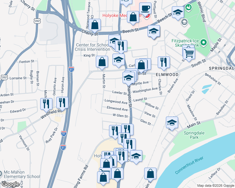 map of restaurants, bars, coffee shops, grocery stores, and more near 16 Dexter Street in Holyoke