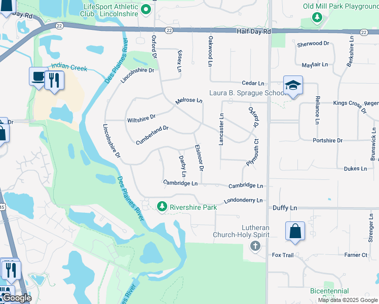 map of restaurants, bars, coffee shops, grocery stores, and more near 29 Lincolnshire Drive in Lincolnshire