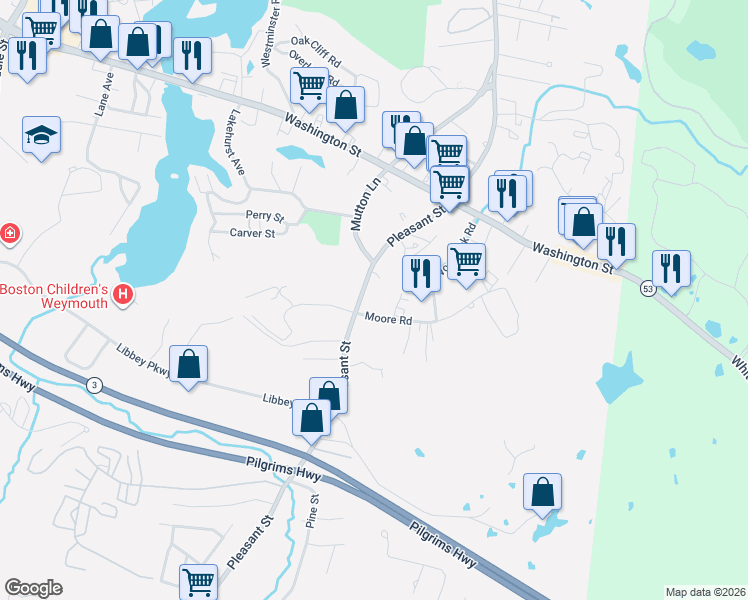 map of restaurants, bars, coffee shops, grocery stores, and more near 726 Pleasant Street in Weymouth