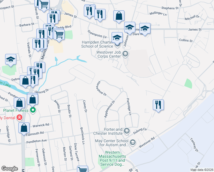 map of restaurants, bars, coffee shops, grocery stores, and more near 131 Horseshoe Drive in Chicopee