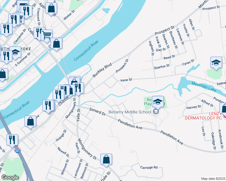 map of restaurants, bars, coffee shops, grocery stores, and more near 18 Emery Street in Chicopee