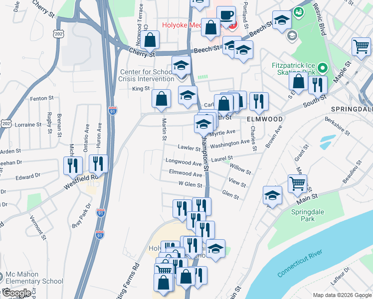 map of restaurants, bars, coffee shops, grocery stores, and more near 16 Dexter Street in Holyoke