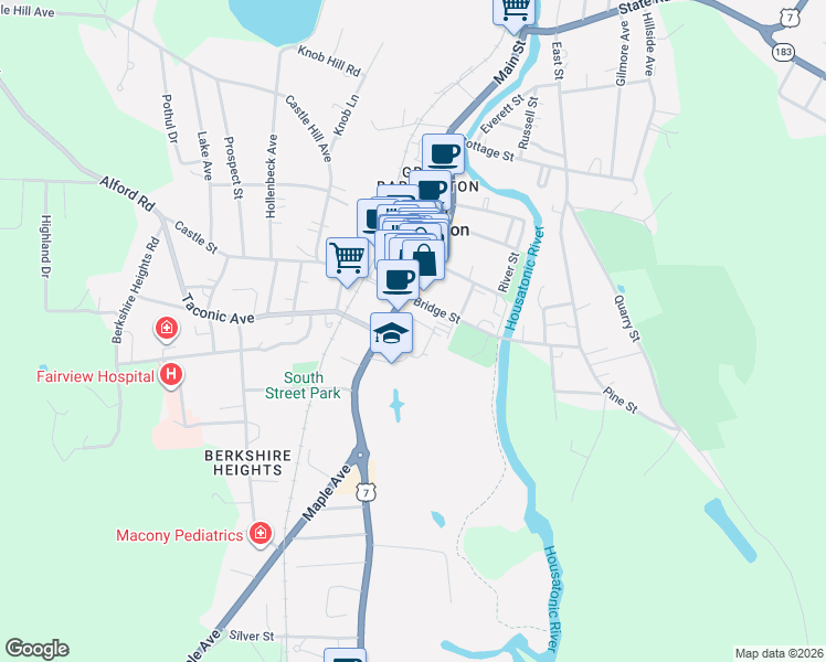 map of restaurants, bars, coffee shops, grocery stores, and more near 307 Main Street in Great Barrington