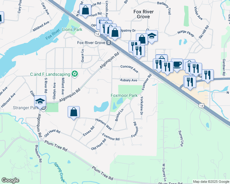 map of restaurants, bars, coffee shops, grocery stores, and more near 425 Asbury Avenue in Fox River Grove