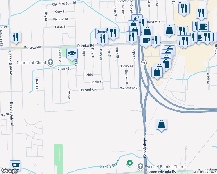 map of restaurants, bars, coffee shops, grocery stores, and more near 22722 Oriole Street in Taylor