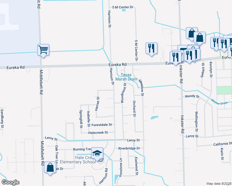 map of restaurants, bars, coffee shops, grocery stores, and more near 15327 Harrison Street in Romulus