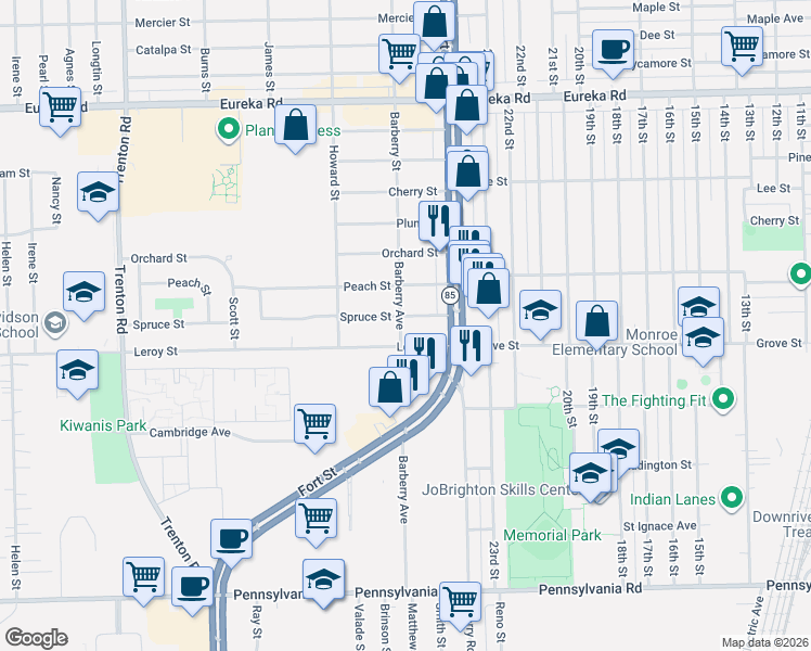map of restaurants, bars, coffee shops, grocery stores, and more near 13012 Spruce Street in Southgate