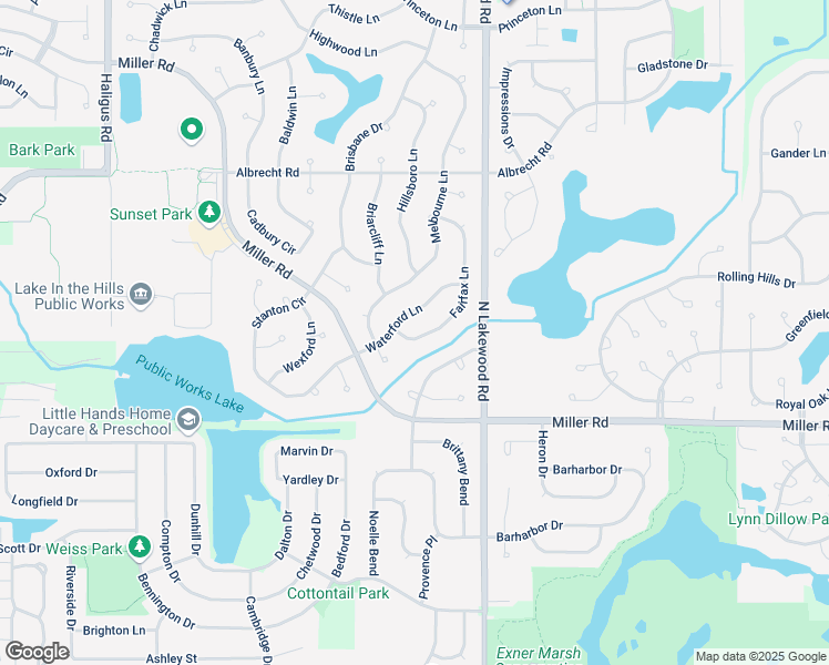 map of restaurants, bars, coffee shops, grocery stores, and more near 2590 Waterford Lane in Lake in the Hills