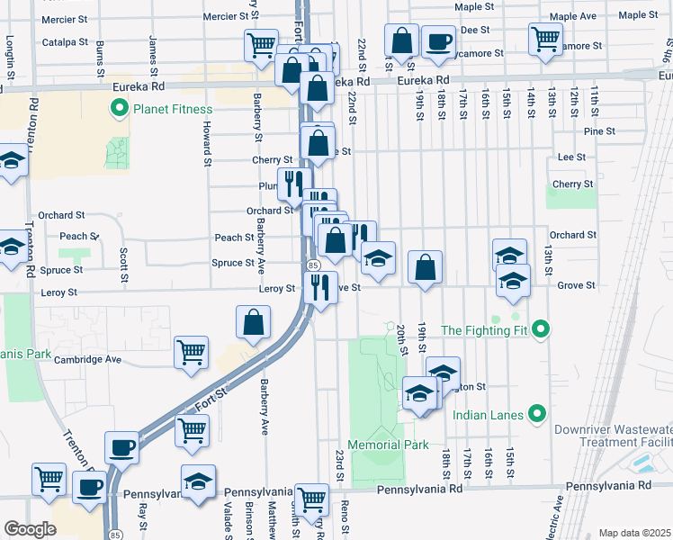 map of restaurants, bars, coffee shops, grocery stores, and more near 3850 22nd Street in Wyandotte