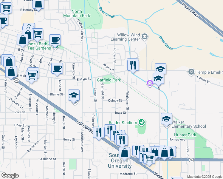 map of restaurants, bars, coffee shops, grocery stores, and more near 77 California Street in Ashland