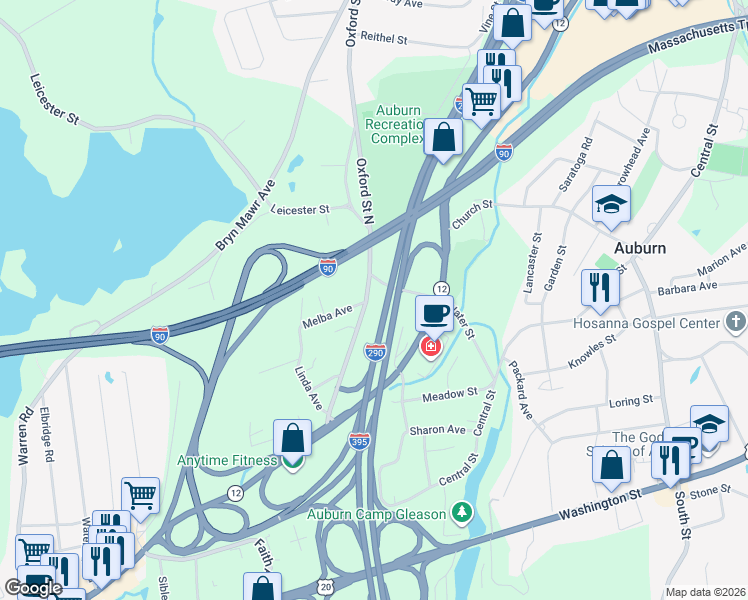map of restaurants, bars, coffee shops, grocery stores, and more near 462 Oxford Street North in Auburn