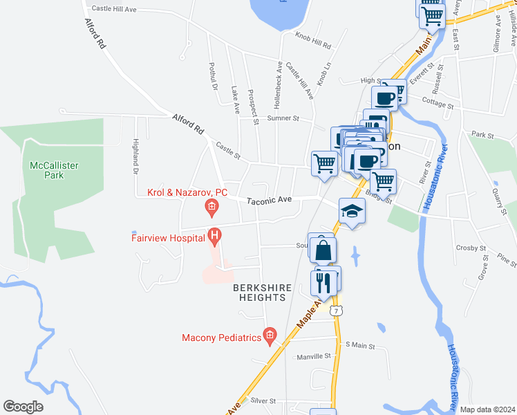 map of restaurants, bars, coffee shops, grocery stores, and more near 104 Taconic Avenue in Great Barrington