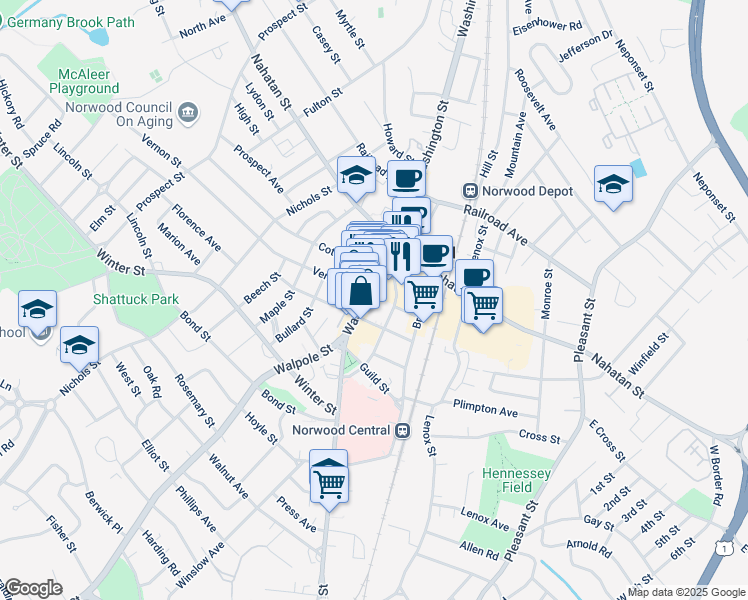 map of restaurants, bars, coffee shops, grocery stores, and more near 15 Cottage Street East in Norwood