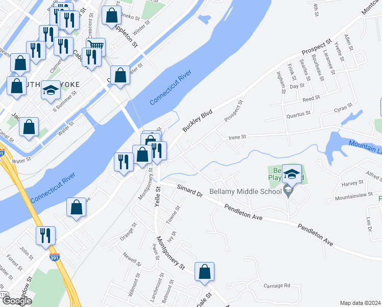 map of restaurants, bars, coffee shops, grocery stores, and more near 145 Prospect Street in Chicopee