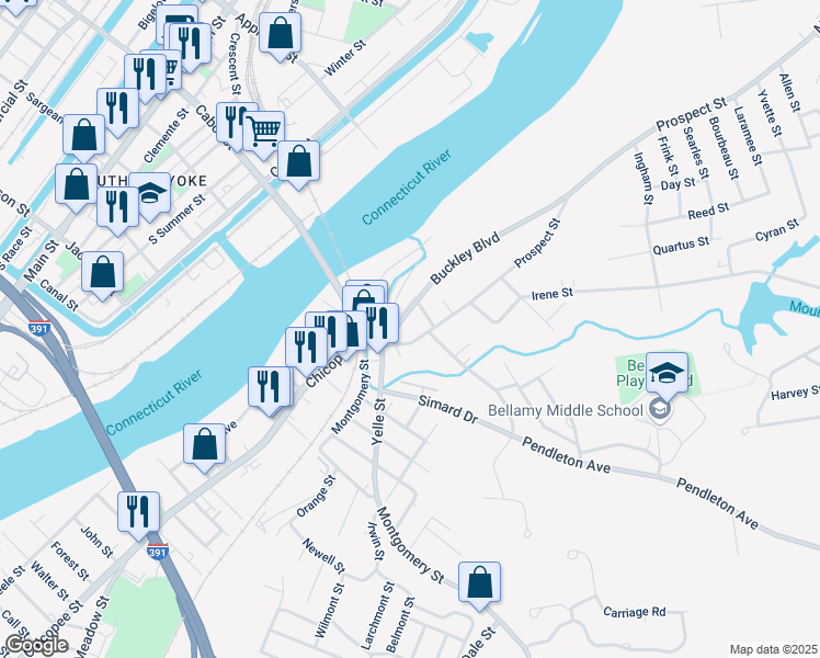 map of restaurants, bars, coffee shops, grocery stores, and more near 7 Bush Avenue in Chicopee