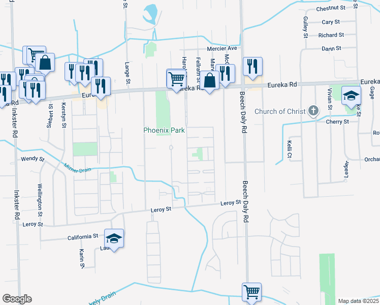 map of restaurants, bars, coffee shops, grocery stores, and more near 15421 Court Village Lane in Taylor