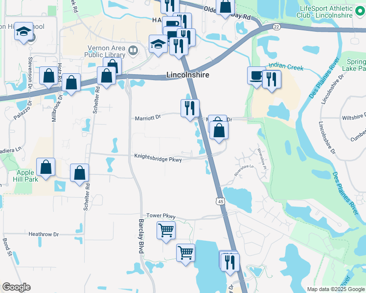 map of restaurants, bars, coffee shops, grocery stores, and more near 333 Knightsbridge Parkway in Lincolnshire