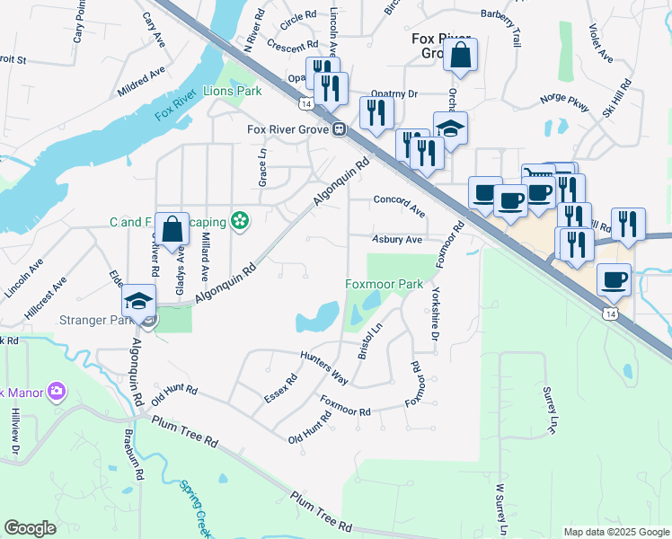 map of restaurants, bars, coffee shops, grocery stores, and more near 506 Asbury Court in Fox River Grove