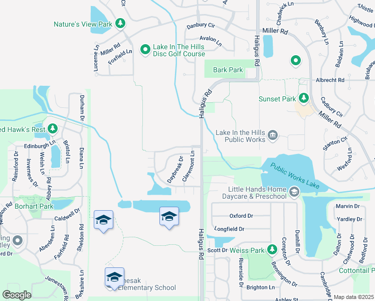 map of restaurants, bars, coffee shops, grocery stores, and more near 2365 Pembridge Drive in Lake in the Hills