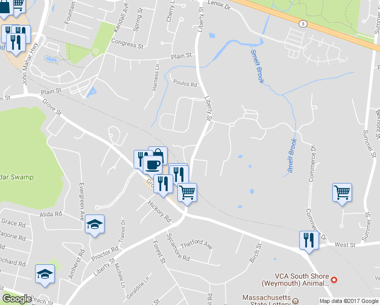map of restaurants, bars, coffee shops, grocery stores, and more near 955 Liberty Street in Braintree