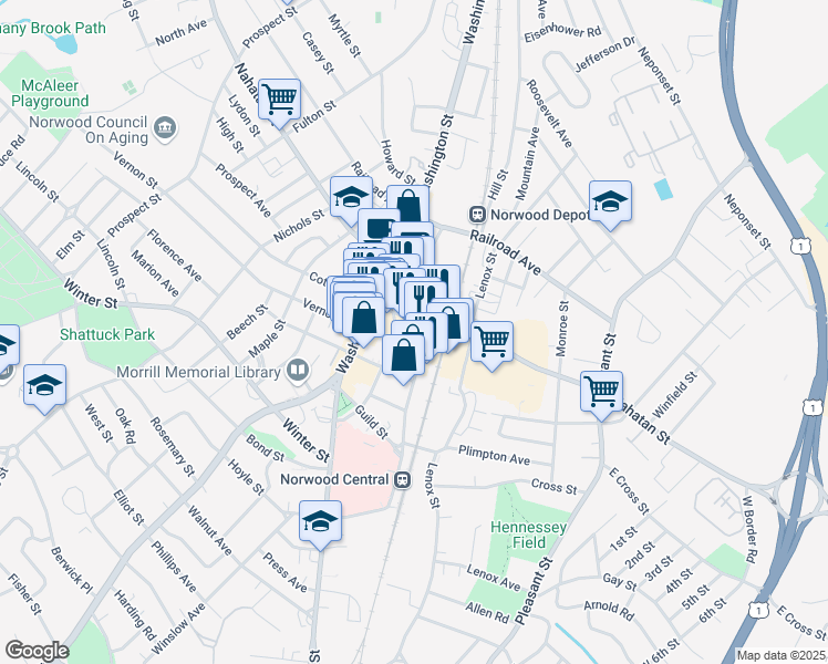 map of restaurants, bars, coffee shops, grocery stores, and more near 20 Broadway in Norwood