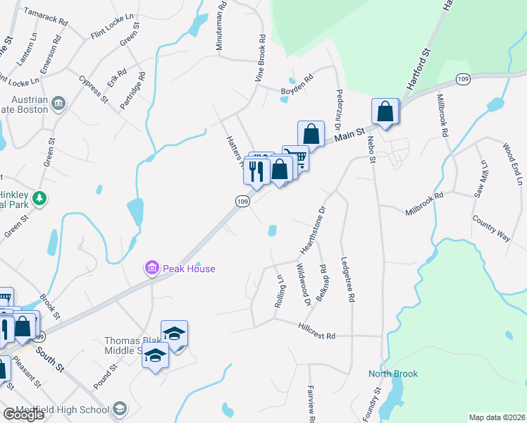 map of restaurants, bars, coffee shops, grocery stores, and more near 266 Main Street in Medfield