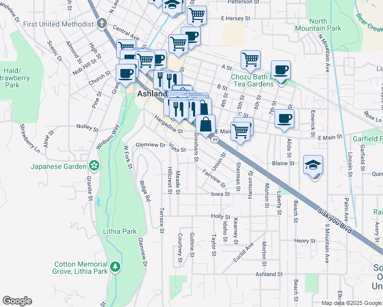map of restaurants, bars, coffee shops, grocery stores, and more near 91 Gresham Street in Ashland