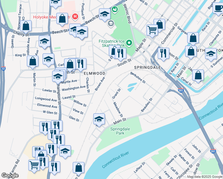 map of restaurants, bars, coffee shops, grocery stores, and more near 2 Columbia Street in Holyoke