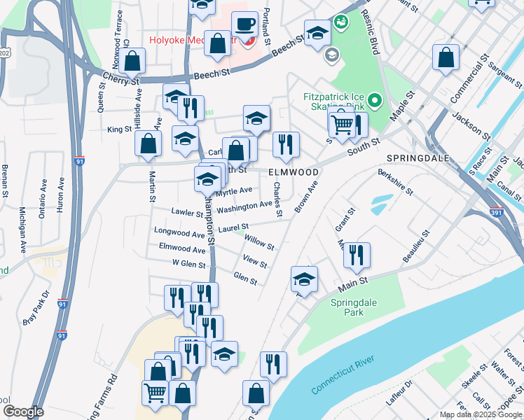 map of restaurants, bars, coffee shops, grocery stores, and more near 13 Harrison Avenue in Holyoke
