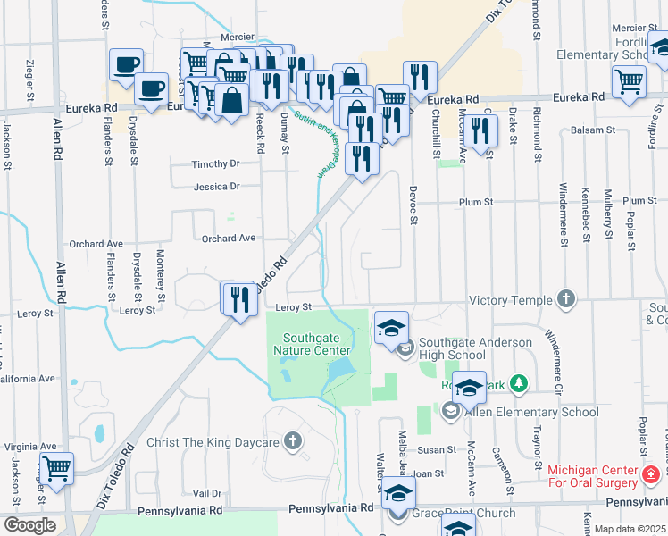 map of restaurants, bars, coffee shops, grocery stores, and more near 15615 Garrison Lane in Southgate