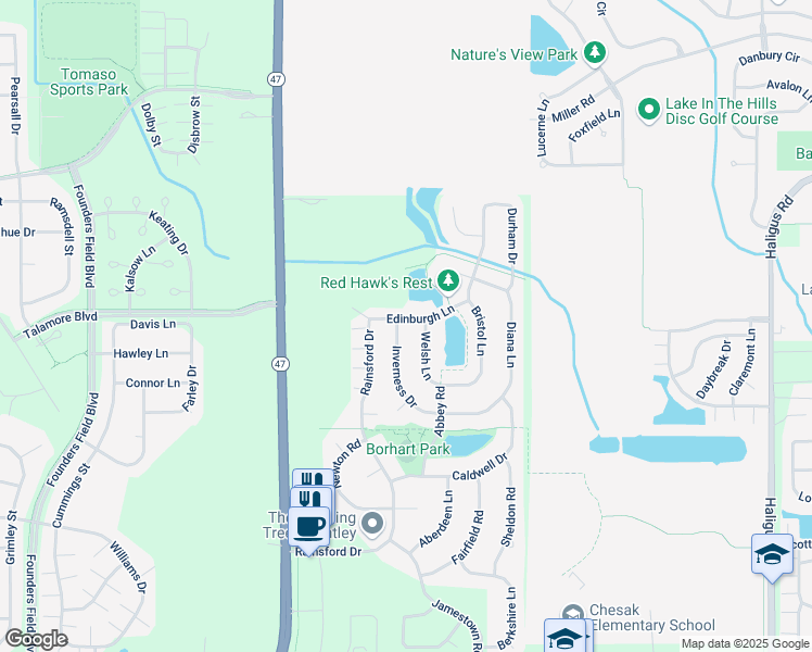 map of restaurants, bars, coffee shops, grocery stores, and more near 11342 Edinburgh Lane in Huntley