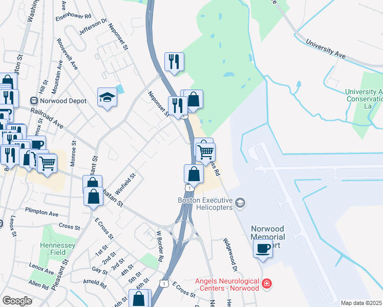 map of restaurants, bars, coffee shops, grocery stores, and more near 525 Boston-Providence Turnpike in Norwood