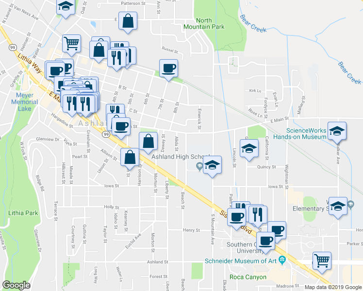 map of restaurants, bars, coffee shops, grocery stores, and more near 48 Morse Avenue in Ashland