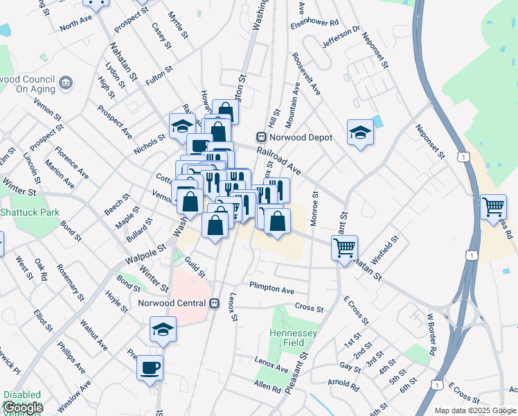 map of restaurants, bars, coffee shops, grocery stores, and more near 61 Lenox Street in Norwood