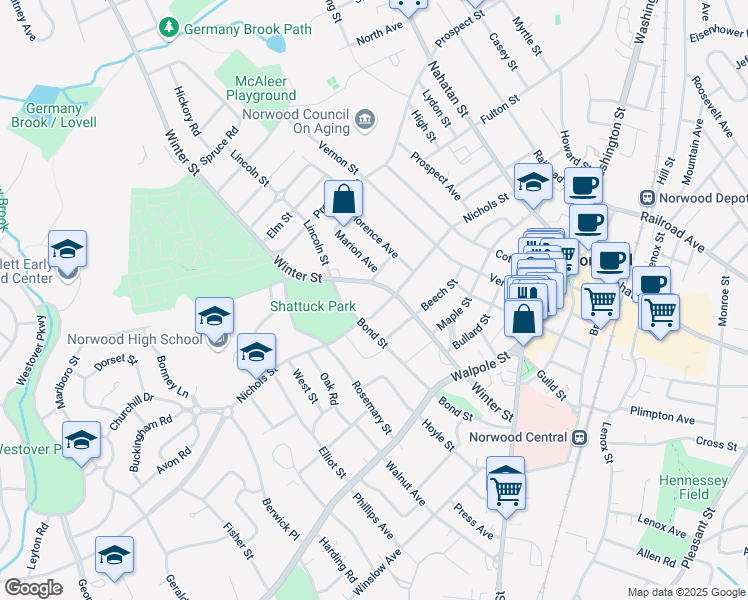 map of restaurants, bars, coffee shops, grocery stores, and more near 115 Nichols Street in Norwood