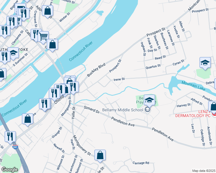 map of restaurants, bars, coffee shops, grocery stores, and more near 18 Emery Street in Chicopee
